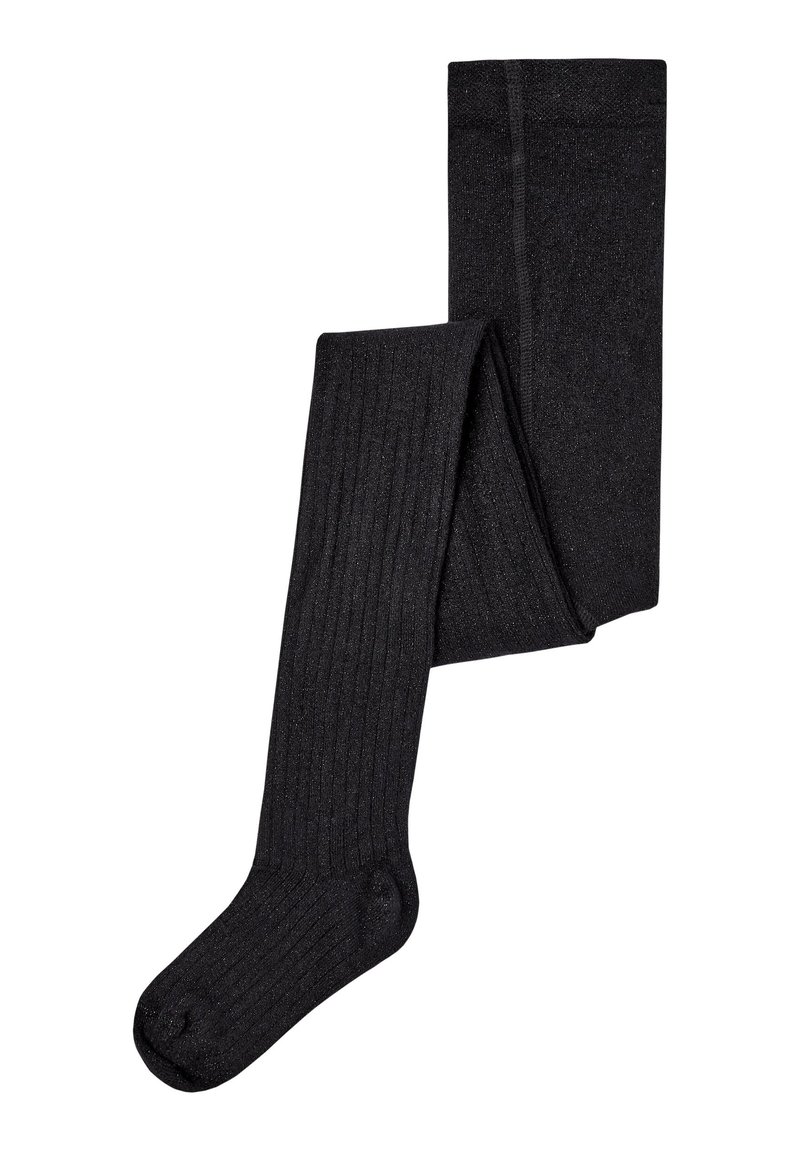 Svarte ribbestrikkede tights laget av et mykt, elastisk materiale, med en lett glitrende tekstur og en sømløs tådesign.