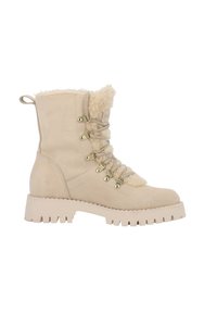Beżowe zamszowe botki za kostkę z kołnierzem z sztucznego futra, z elementami w kolorze złotym, sznurowanym przodem oraz solidną podeszwą zapewniającą przyczepność.