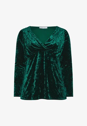 Samtoberteil in tiefgrün mit langen Ärmeln, einem V-Ausschnitt und gerafften Details an der Brust, mit einer glatten und reflektierenden Textur.
