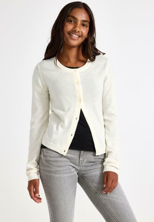 Lichtcrème cardigan van zacht breisel, met een ronde halslijn, lange mouwen en een knoopsluiting aan de voorkant.