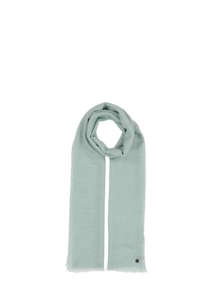 Light blue soft fabric scarf with a small dark circular logo near the bottom edge, displayed flat with one loop.