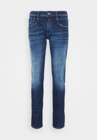 Denim jeans featuring a fading gradient from dark to light blue, straight leg cut, five pockets, and a metal button closure with belt loops.
