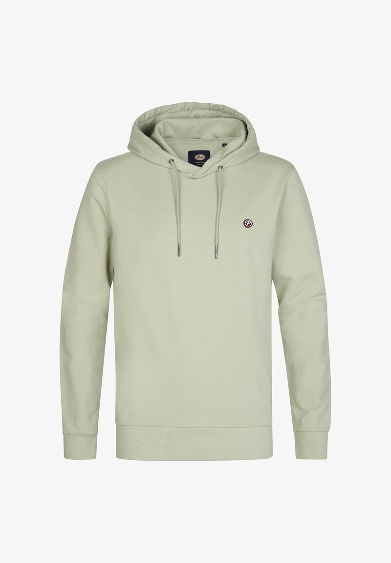 Hoodie vert clair en coton, doté d'une capuche à cordon, de longues manches, de poignets côtelés et d'un petit logo sur la poitrine.