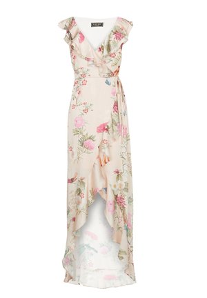 Robe portefeuille sans manches à motif floral avec col en V volanté et ourlet asymétrique, dans des tons pastel doux et ceinture nouée à la taille.