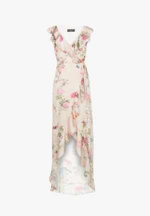 Robe portefeuille sans manches à motif floral avec col en V volanté et ourlet asymétrique, dans des tons pastel doux et ceinture nouée à la taille.