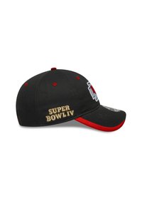 Black baseball cap with red accents, featuring embroidered “SUPER BOWL LIV” text in gold. Cap has a curved brim and ventilation holes.