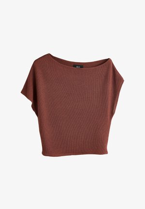 Pruun lühikeste varrukatega kudumispusa laia paadikaelusega ja lahtise lõikega, kaelusel silt "NEXT".