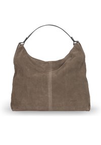 Torba z zamszu w kolorze taupe o miękkim, luźnym kształcie, z zaokrąglonym górnym brzegiem i czarnym skórzanym uchwytem. Brak widocznych metalowych elementów czy ozdób.