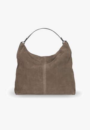 Torba z zamszu w kolorze taupe o miękkim, luźnym kształcie, z zaokrąglonym górnym brzegiem i czarnym skórzanym uchwytem. Brak widocznych metalowych elementów czy ozdób.