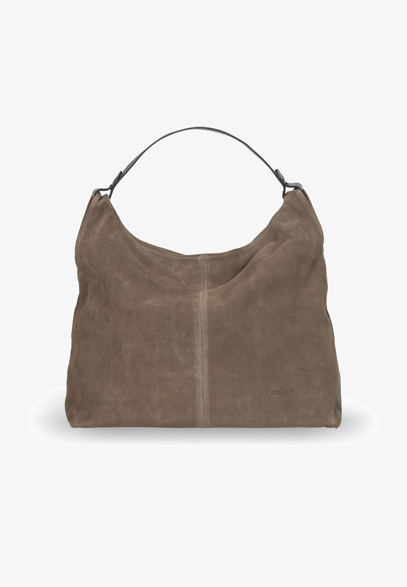 Torba z zamszu w kolorze taupe o miękkim, luźnym kształcie, z zaokrąglonym górnym brzegiem i czarnym skórzanym uchwytem. Brak widocznych metalowych elementów czy ozdób.