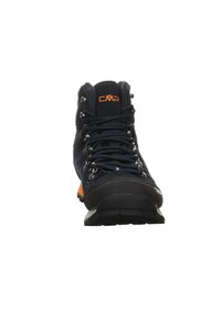 Svart vandringsboot med orange accenter, slitstark tygövre, snörningssystem och texturerad gummisula för bra grepp. CMP-logotyp på tungan.