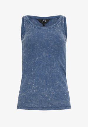 Débardeur bleu à côtes avec un col rond et un motif décoloré. Le tissu a une texture lisse, présentant des marques subtiles tout au long.