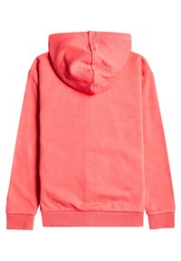 Sudadera color coral con una textura suave, capucha y puños acanalados. Tela lisa y un diseño sencillo, sin adornos.