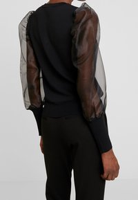 Jersey negro con mangas de globo transparentes. El cuerpo es de punto, mientras que las mangas tienen una textura suave y translúcida con puños fruncidos.