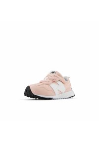 Pink athletic shoe with a mesh and suede upper, white accents, black rubber outsole, and traditional lace-up design.
