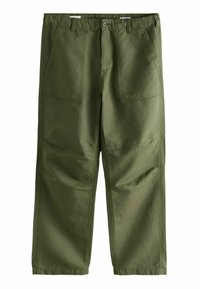Olive green cargo pants made of durable fabric. Features two front pockets, wide legs, and clean stitching.