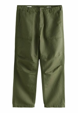 Olive green cargo pants made of durable fabric. Features two front pockets, wide legs, and clean stitching.