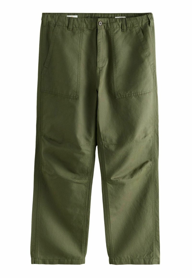 Olive green cargo pants made of durable fabric. Features two front pockets, wide legs, and clean stitching.