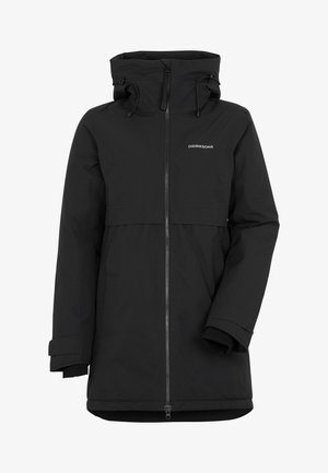 Černá, voděodolná bunda s kapucí, předním zipem a elastickými manžetami. Má logo na hrudi a štíhlý, moderní design.