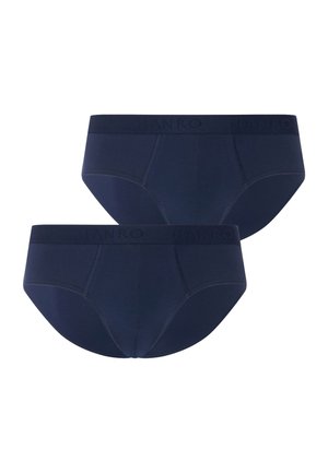 Twee marineblauwe herenboxers met elastische taillebanden waarop subtiele merknaam "HANRO" staat.