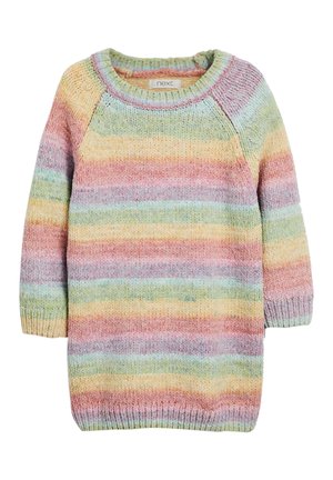 Robe-pull en maille douce à manches longues, avec des rayures horizontales pastel rose, vert, jaune et bleu.