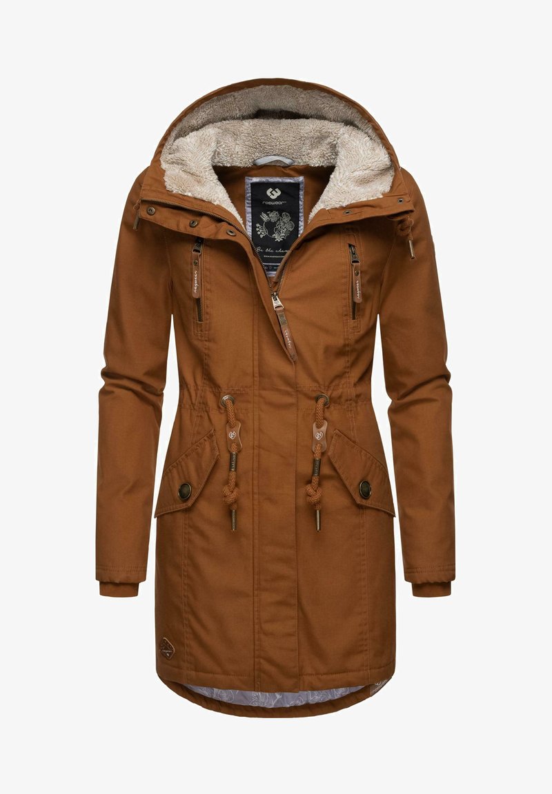 Pruun parka jakk tekstureeritud fliisvoodriga kapuutsiga, stringiga vöökoht ja lukuga taskud. Omab nööbiseid sulgumisi ja trükitud voodrit.