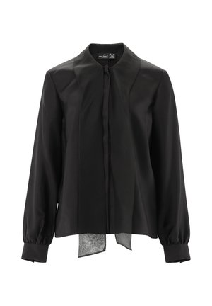 Schwarze Bluse aus glattem Stoff mit einem kontrastierenden, durchsichtigen Saum, strukturiertem Kragen und langen, gepufften Ärmeln mit geknöpften Manschetten.