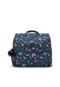 Marinefarbener Rucksack mit farbenfrohen, weltraumthemen Illustrationen, ausgestattet mit einem Reißverschluss und einem kuscheligen Affen-Schlüsselanhänger. Robustes Material.