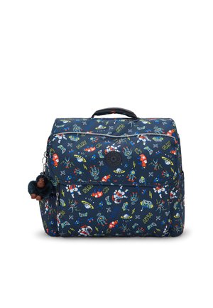 Zaino navy con illustrazioni colorate a tema spaziale, dotato di chiusura con cerniera e un portachiavi a forma di scimmia in peluche attaccato. Materiale durevole.