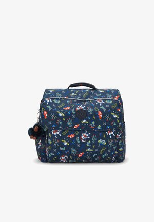 Marinefarbener Rucksack mit farbenfrohen, weltraumthemen Illustrationen, ausgestattet mit einem Reißverschluss und einem kuscheligen Affen-Schlüsselanhänger. Robustes Material.