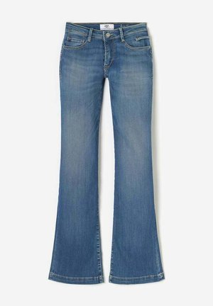 Light blue flared jeans made of denim. Feature a classic five-pocket design, button closure, and frayed hems. Smooth texture throughout.