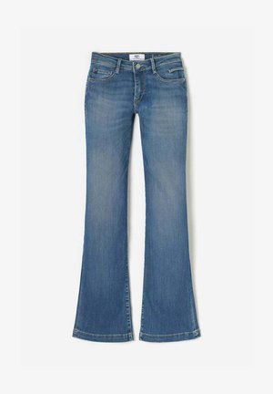 Hellblaue flared Jeans aus Denim. Verfügen über ein klassisches Fünf-Taschen-Design, einen Knopfverschluss und ausgefranste Säume. Glatte Textur im gesamten Material.