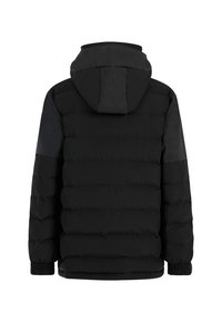 Schwarze Daunenjacke mit Kapuze, mit horizontalen Steppnähten, elastischen Bündchen und kontrastierenden Schultereinsätzen. Glatte, matte Textur.