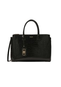 Fekete műkrokodil bőr kézitáska dupla felső fogantyúval, levehető vállpánttal, arany fémrészekkel és a márka logójával emboszolva az elején.