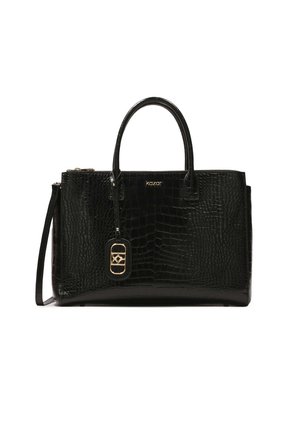 Borsa a mano in ecopelle effetto coccodrillo nera con doppi manici superiori, tracolla rimovibile, accessori dorati e logo del marchio impresso sul fronte.