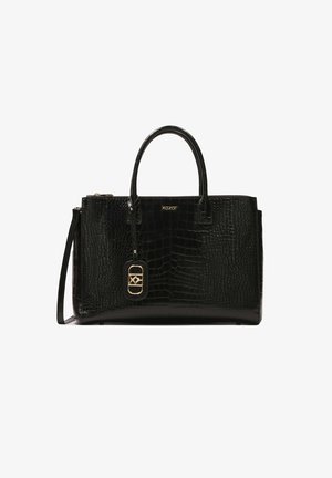 Sac à main en simili-cuir crocodile noir avec deux poignées supérieures, une bandoulière amovible, des accessoires en or et un logo de marque embossé à l'avant.