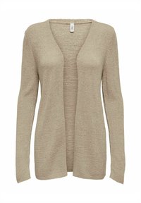 Cardigan en tricot beige avec un devant ouvert, des manches longues et un motif texturé. Le matériau léger offre une coupe décontractée et tombe doucement.