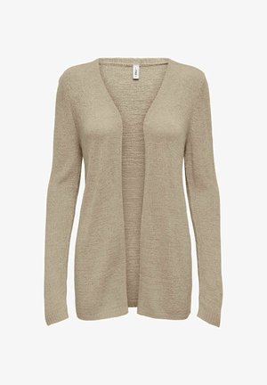 Beži kootud kardigan avatud esitlust, pikkade varrukatega ja tekstuursete mustritega. Kerge materjal pakub lõdva istuvuse ja langeb pehmelt.