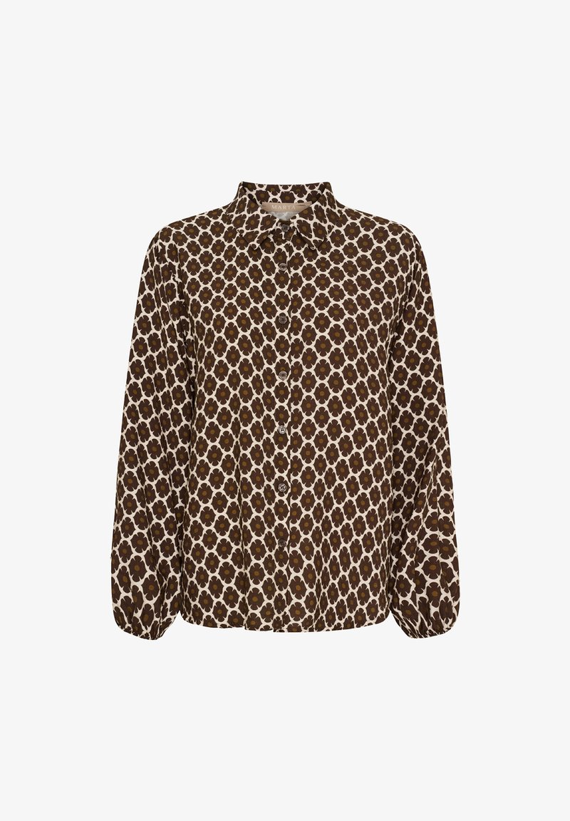 Brun mønstret langærmet skjorte med krave, knaplukning og elastiske manchetter. Designet inkluderer gentagne blomsterformer.