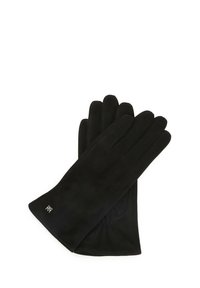 Crne nubuk rukavice s glatkom teksturom, pet prstiju i suptilnim logotipom na manžeti. Dizajnirane za toplinu i udobnost u hladnom vremenu.