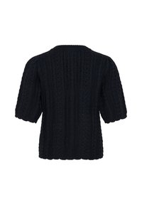 Pull noir en maille à manches courtes avec motif torsadé et manches légèrement bouffantes, présenté de dos sur fond blanc.
