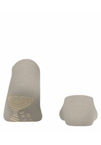 Calzini alla caviglia grigi con una trama a coste, caratterizzati da un motivo a righe beige e un piccolo logo sulla parte inferiore. Caviglie arrotondate e tessuto morbido.