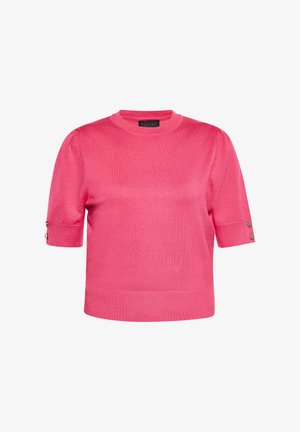 Różowy sweter z krótkim rękawem, okrągłym dekoltem, prążkowanym wykończeniem, delikatnym połyskiem i guziczkami na rękawach.