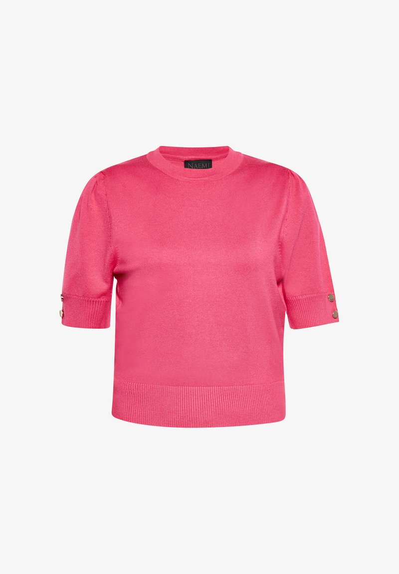 Jersey de punto rosa de manga corta con cuello redondo, dobladillo acanalado, brillo sutil y acentos de botones en las mangas.