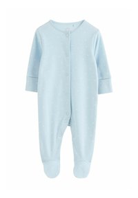 Lyseblå babyheldragt lavet af blødt stof med lange ærmer, rund halsudskæring, trykknapper foran og små hvide prikker.