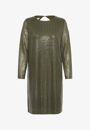 Sequin dress in olive green with long sleeves, round neckline, and cut-out back detail. Smooth texture with glittering sequin surface.