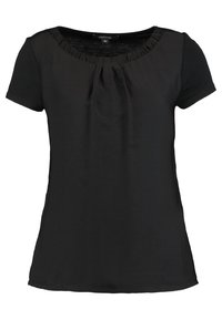Czarna bluzka krótki rękaw z okrągłym dekoltem, z zebranym falbaną i centralnym plisowaniem, rozmiar 36.