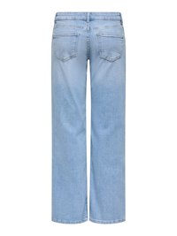 Jean taille haute bleu clair, jambes larges, avec deux poches arrière et coutures visibles, présenté de dos sur un fond blanc.