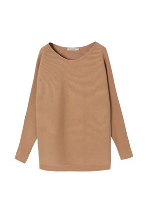 Maglione lungo a maniche con coste di colore marrone chiaro, con scollatura rotonda, vestibilità rilassata e maniche a polsino, mostrato su uno sfondo bianco.