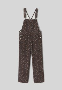 Salopette à imprimé léopard marron avec bretelles réglables, poches avant et boutons métalliques. Fabriquée en tissu denim avec une finition texturée.